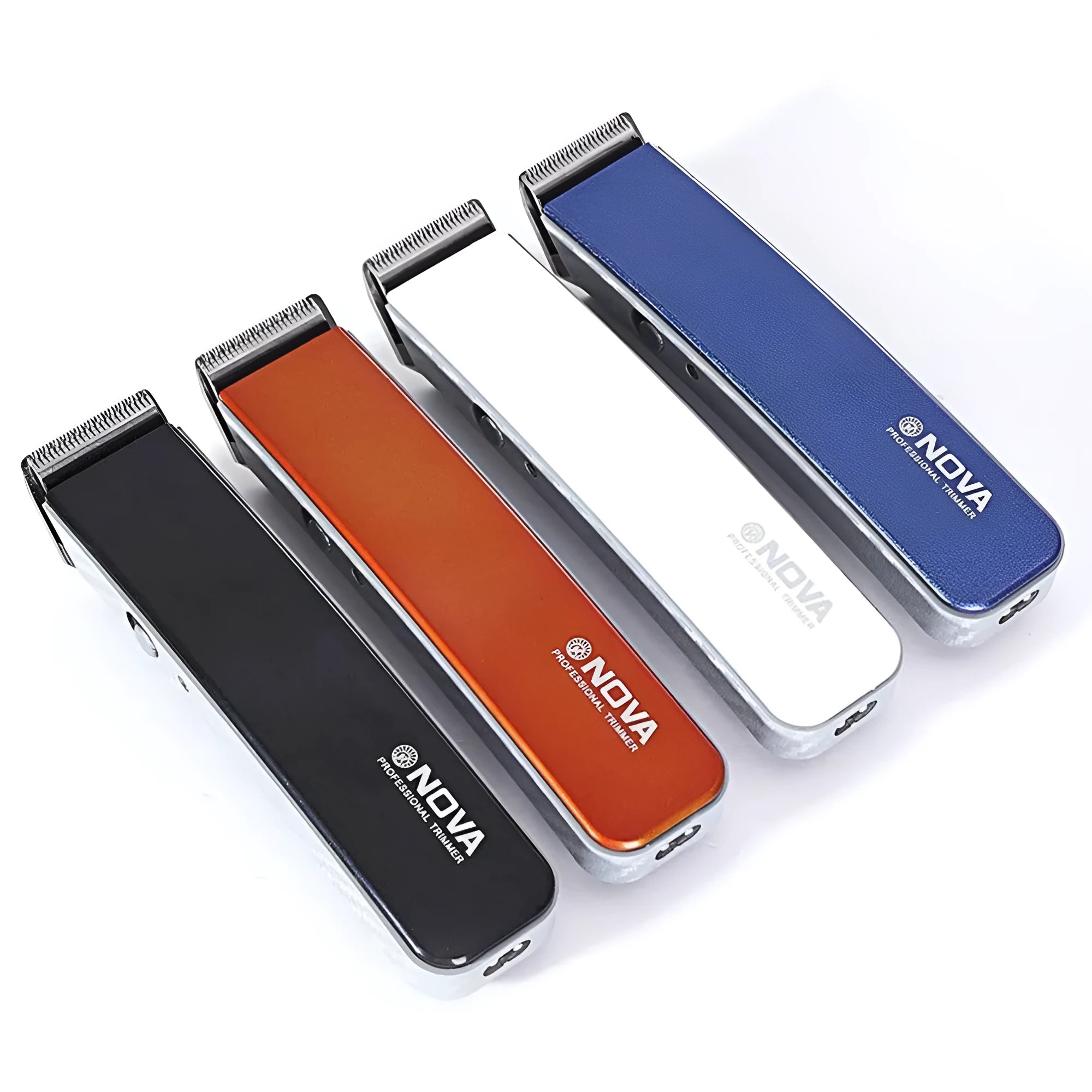 Rechargeable electric hair clipper in multiple colours with removable blade head, showing dimensions.