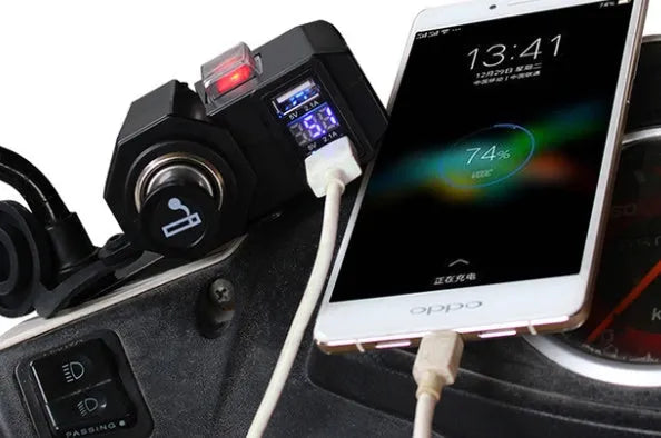 Black motorcycle USB waterproof charger with voltmeter and dual ports for handlebar or rearview mirror mounting
