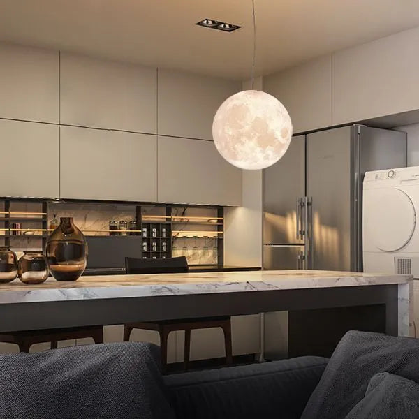 LED moon light chandelier with 3D printed shade, remote control 16 colours, adjustable height, solid wood hanging line