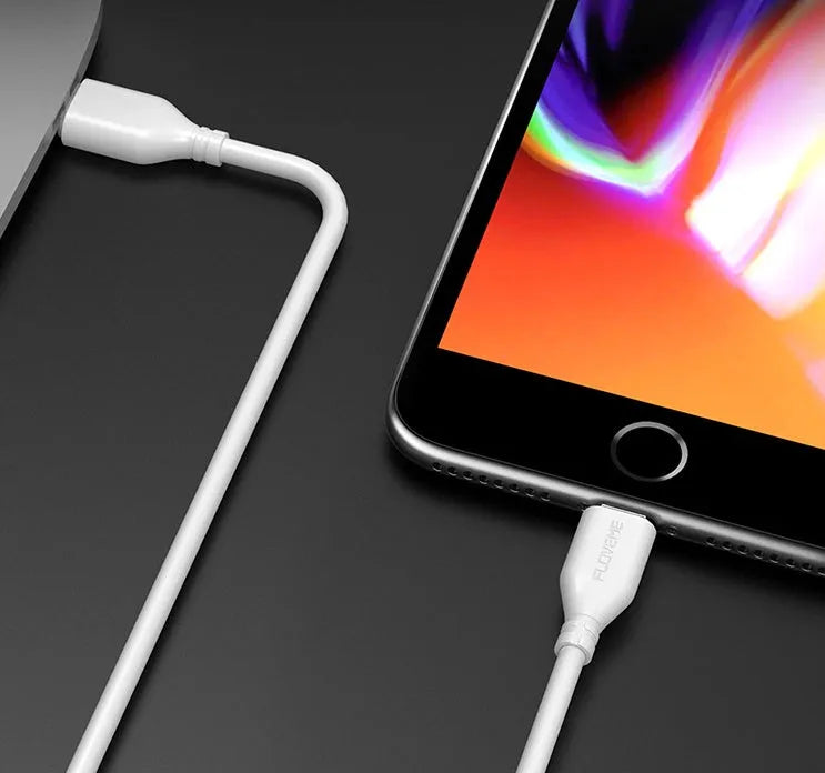 White nylon-braided USB-C to Lightning cable with aluminium connectors, 1 metre long.