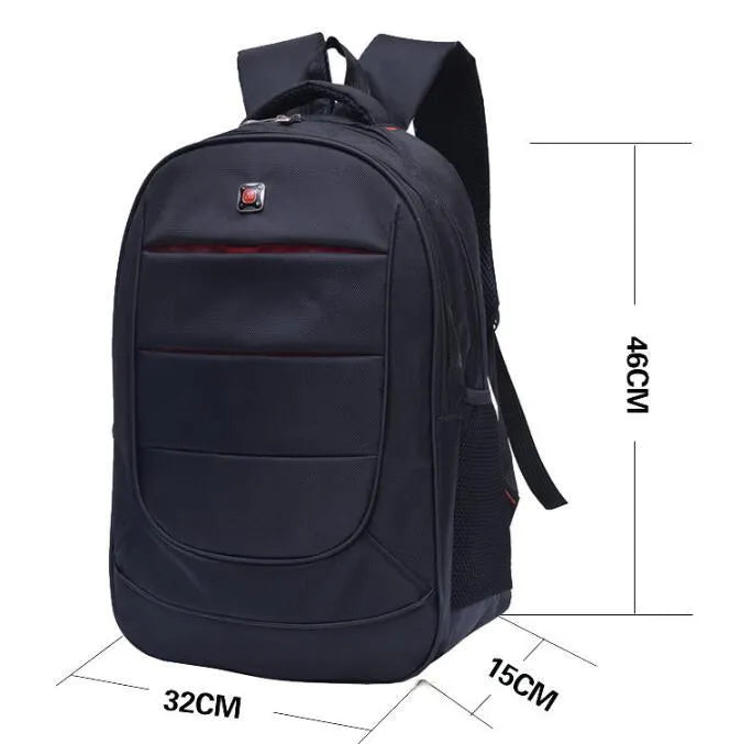 Black nylon casual laptop backpack for men and women, side view, multiple compartments