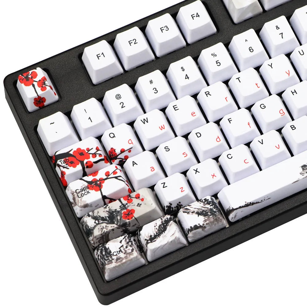 PBT Wangjiang plum 109-key keycap set with five-sided sublimation, OEM height, in Japanese layout on a mechanical keyboard