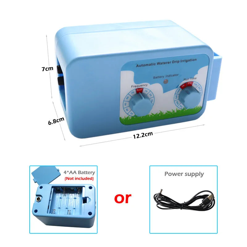 Blue plastic drip irrigation controller with smart timing for garden watering