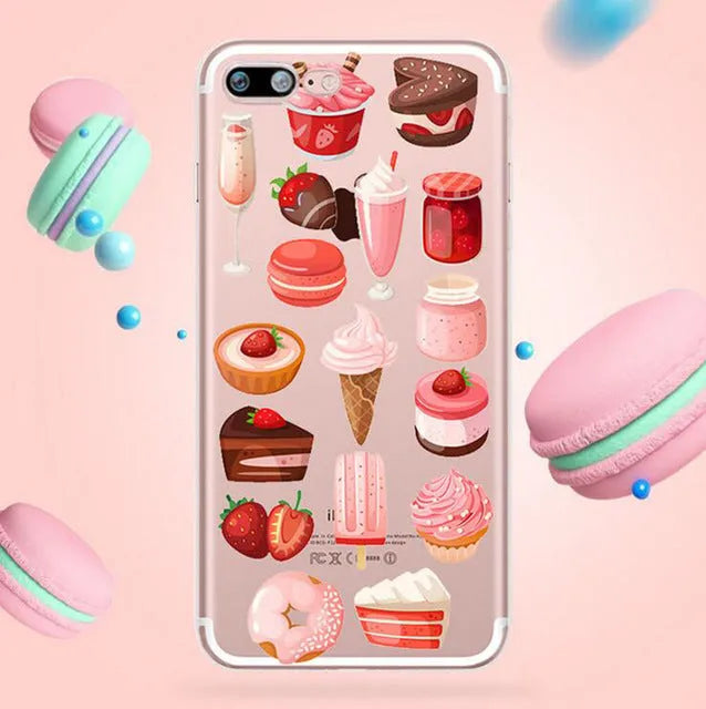 Transparent customisable phone case with printed design on back, showing phone model compatibility list.