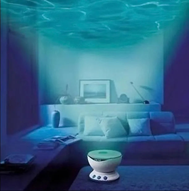 A blue ocean-themed LED projection lamp displaying a 2D oceanic scene on a wall.
