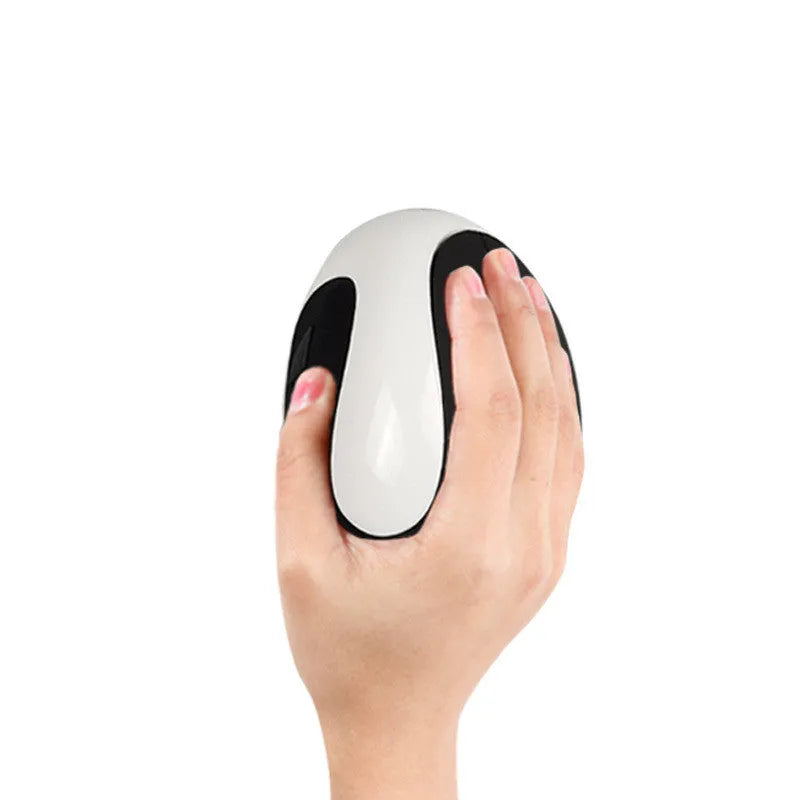 Black vertical ergonomic wired computer mouse with six buttons on a desk