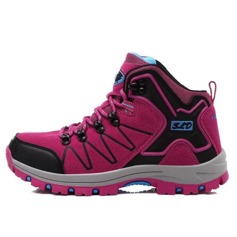 Black high-top hiking shoes with front-tie laces and rubber sole on a neutral background