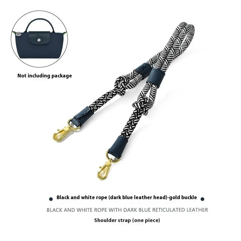 Braided nylon and leather crossbody shoulder strap with alloy buckle in gold or silver finish