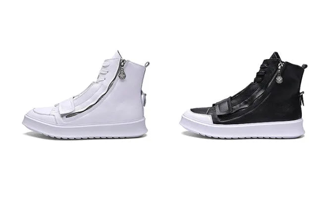 Men's black PU leather high-top ankle boot on a white background, showing sneaker-style design.