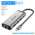 Deep grey USB-C hub with HDMI, USB, Ethernet, and memory card ports, shown next to a laptop.