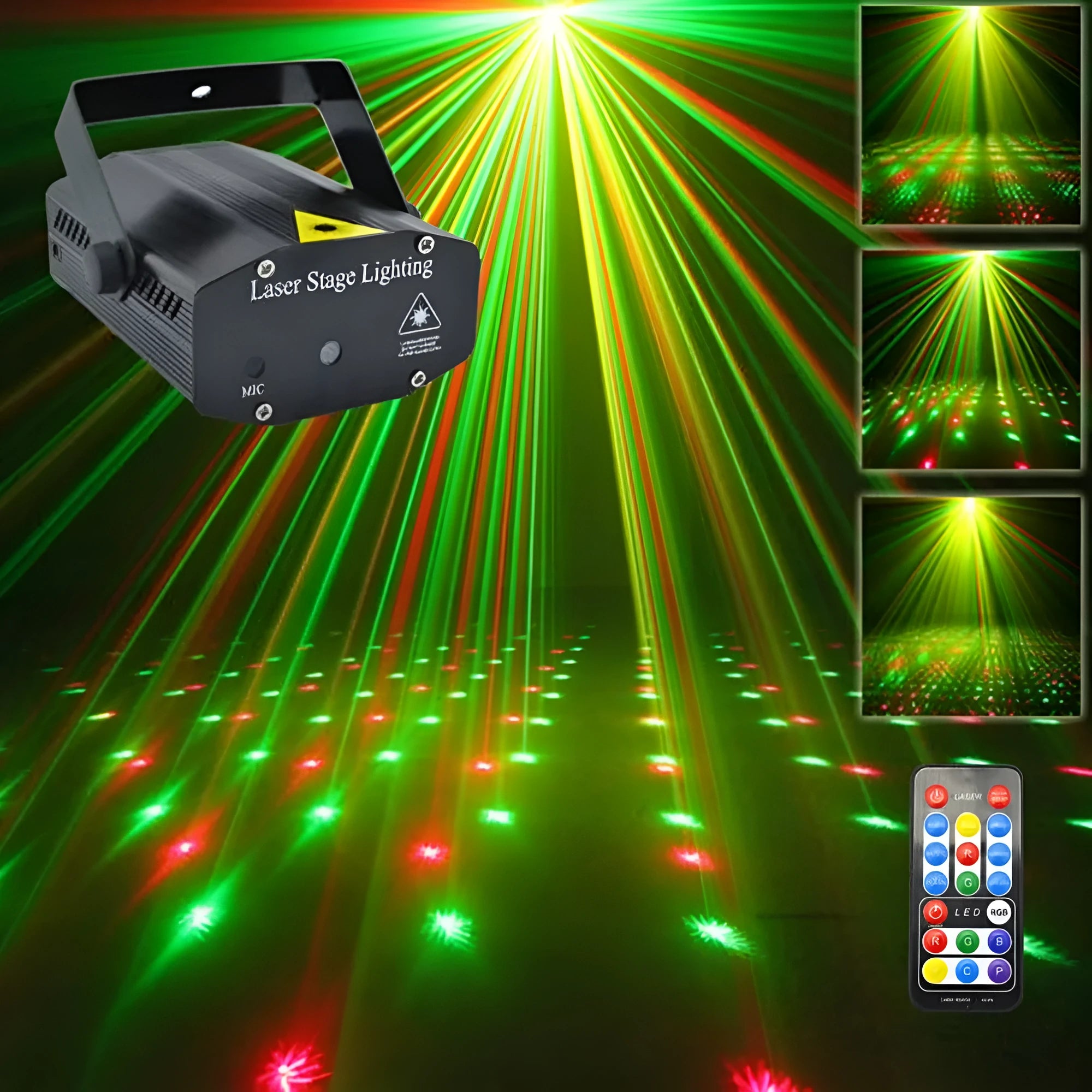 Mini laser projector in black with red and green laser beams, 100m distance, for party and event lighting