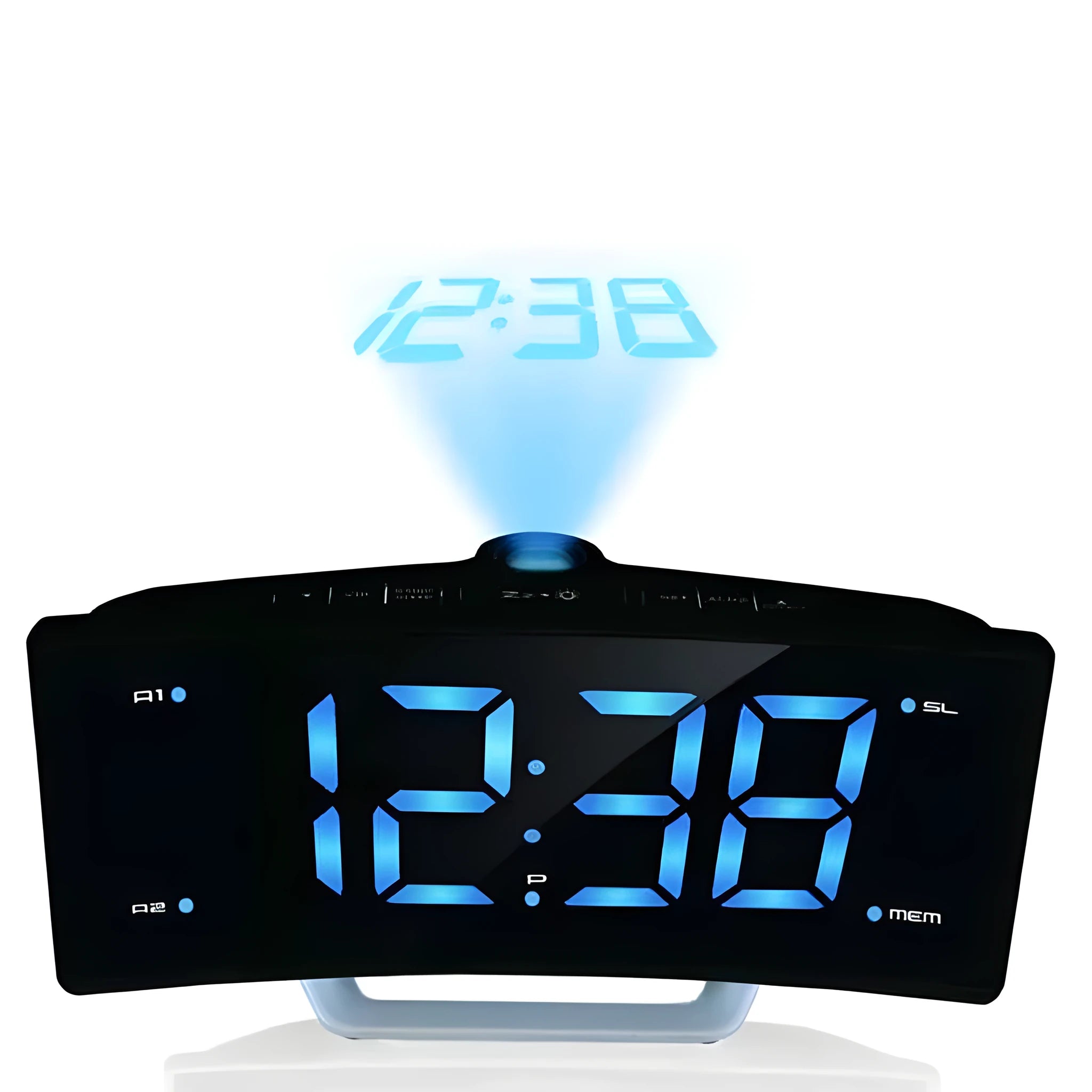 Curved screen LED projection alarm clock showing time on display with USB port and FM radio controls