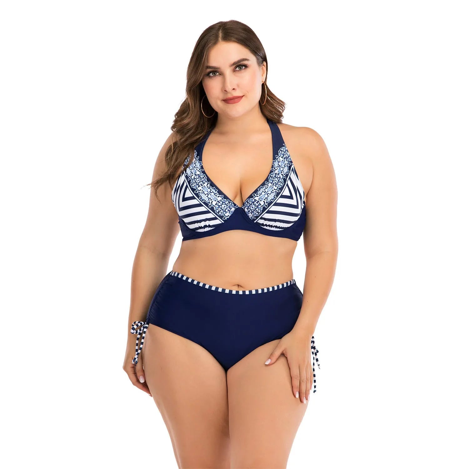 Plus size striped bikini in dark blue with high elasticity quick-dry fabric for women sizes L to 4XL