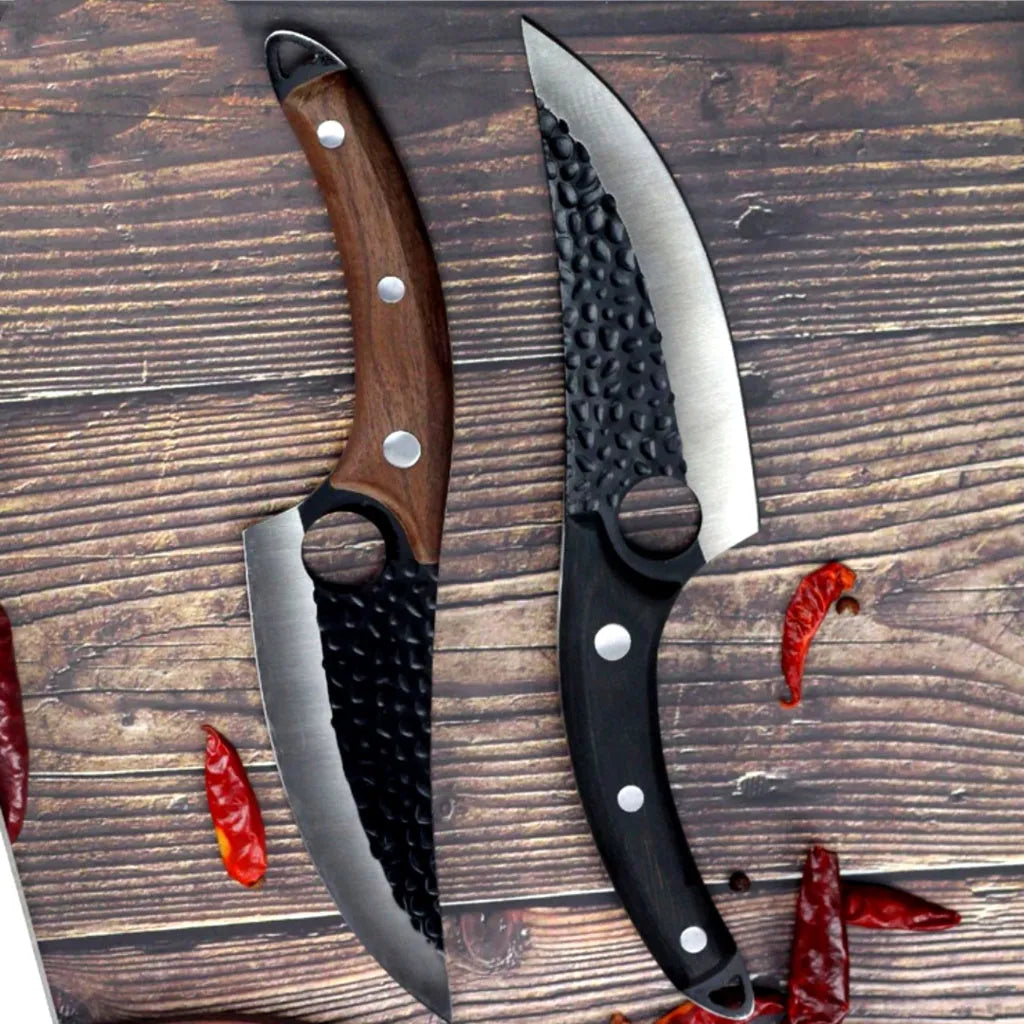 Small curved scimitar butcher knife and boning knife set with leather sheath