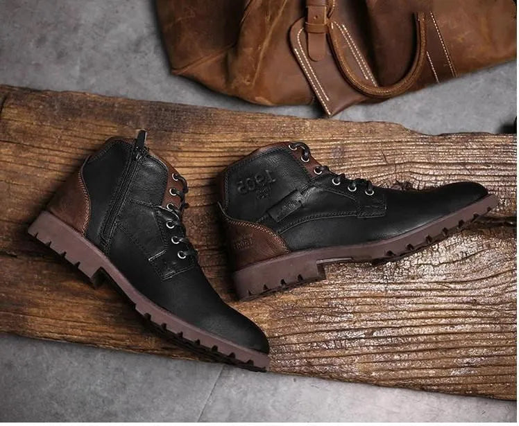 Men's Martin motorcycle boots with belt buckle detail over-the-knee PU upper rubber sole in black