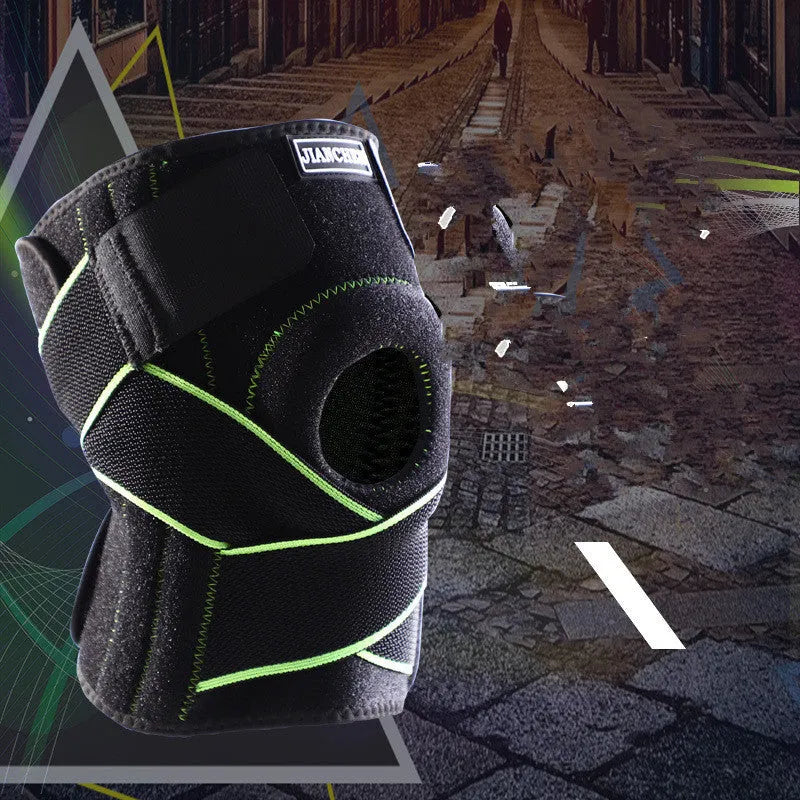 Outdoor sports compression knee pad made of OK cloth and Lycra with metal springs and magic buckle in black
