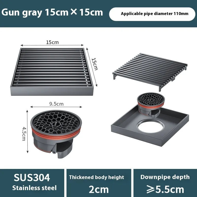 304 stainless steel courtyard floor drain with gun grey finish and 15x15cm square grille