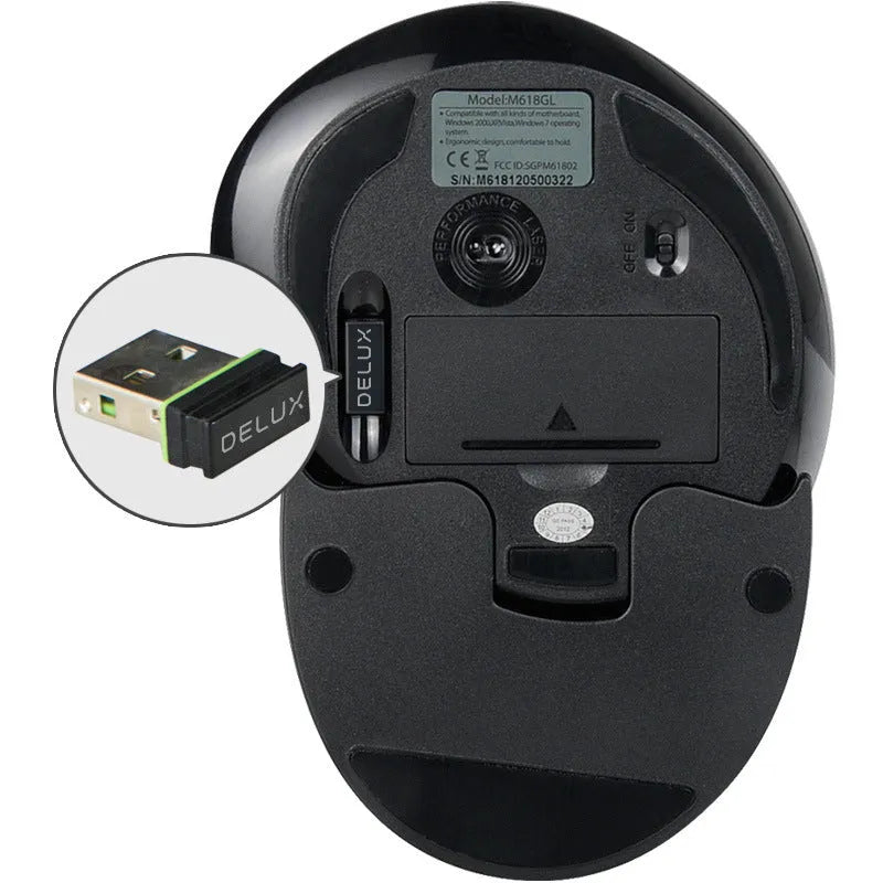 Black and white M 618 wireless vertical ergonomic mouse with USB receiver on a wooden desk.