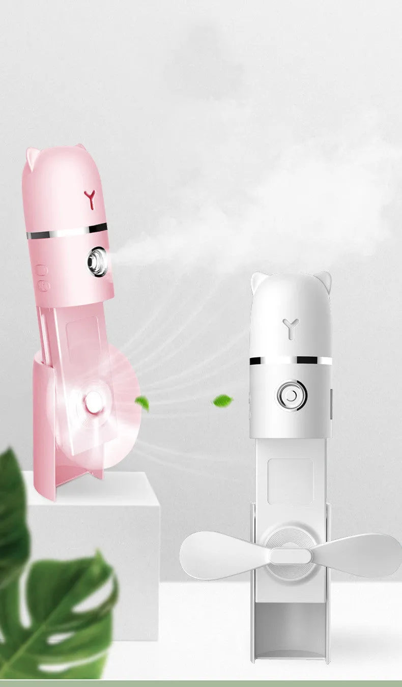 White USB rechargeable handheld spray fan with water tank, flashlight, and power bank function