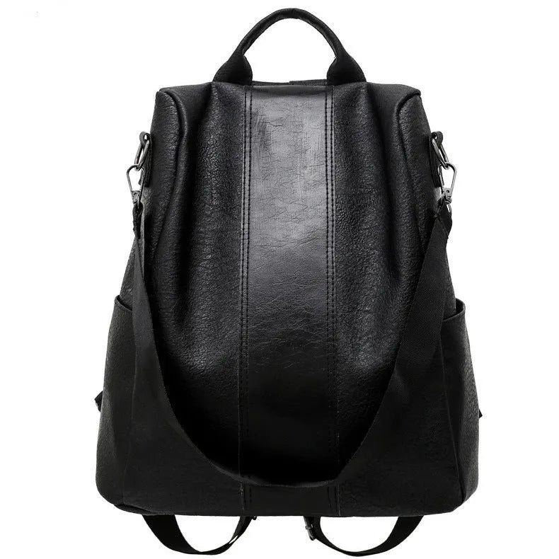 Women's solid colour large capacity PU leather backpack with zipper, black, 31x15x32cm