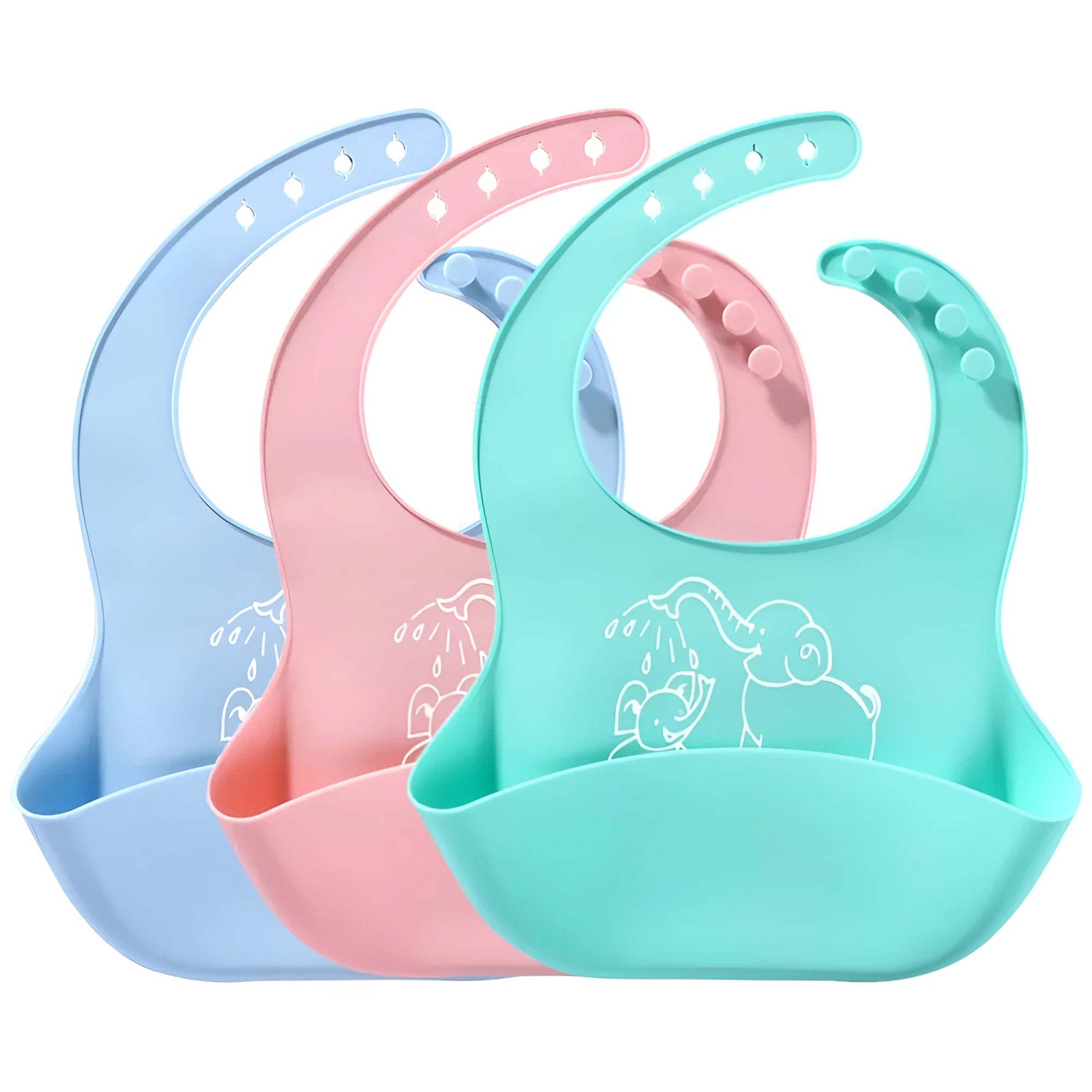 Baby food bib made of food-grade silicone in solid colour with White Elephant design, waterproof for ages 1-6