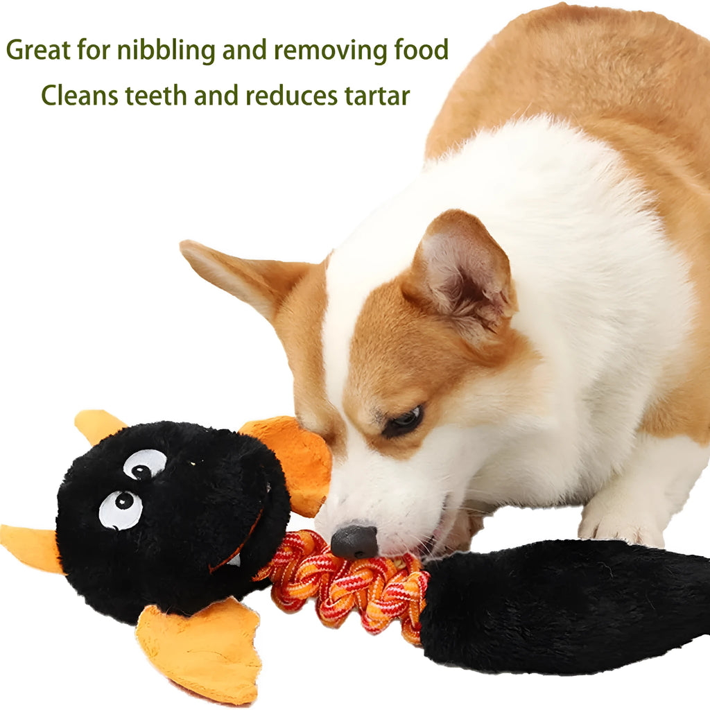 Large black plush dog toy with a cartoon shape, featuring a rope knot and measuring 44cm.