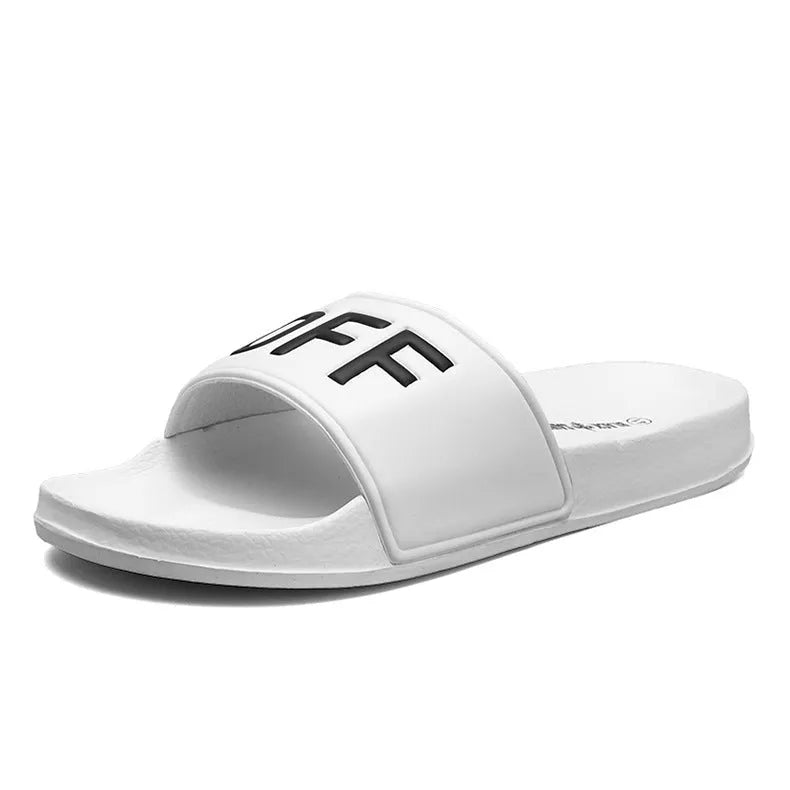 Men's black open-toe personalised slippers with a rubber sole on a plain background.