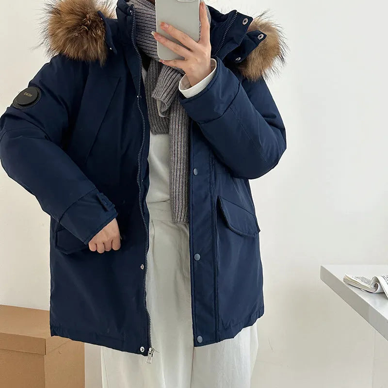 Women's mid-length hooded loose cotton-padded coat with fur collar in black