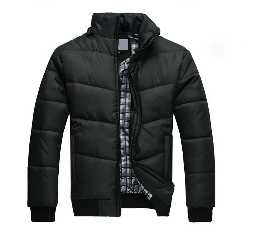 Black winter parka for men with detachable hood, full zip front, and multiple pockets, shown front view