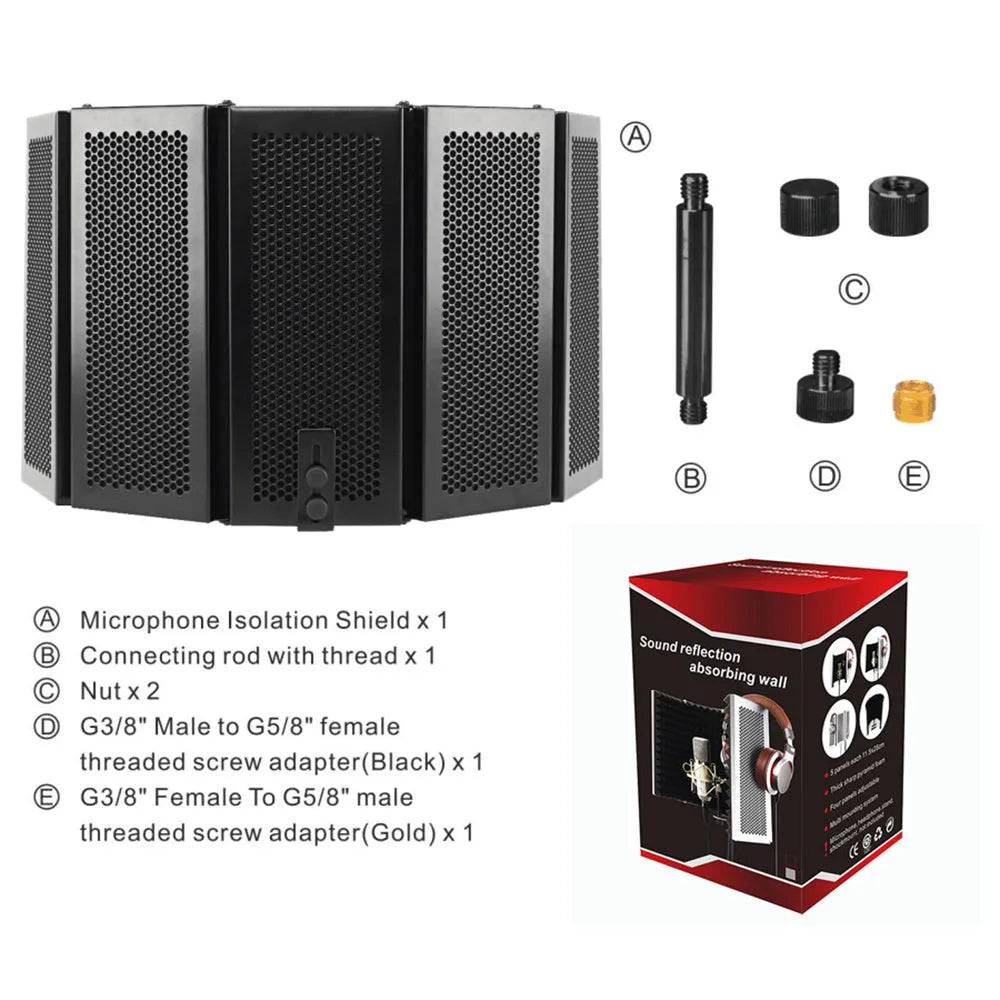 5-door black microphone enclosure with porous aluminium frame and high-density sponge panels on a recording desk
