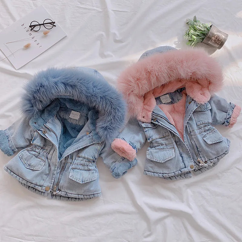 Blue denim coat for a young girl with a fleece lining and a non-removable hood.