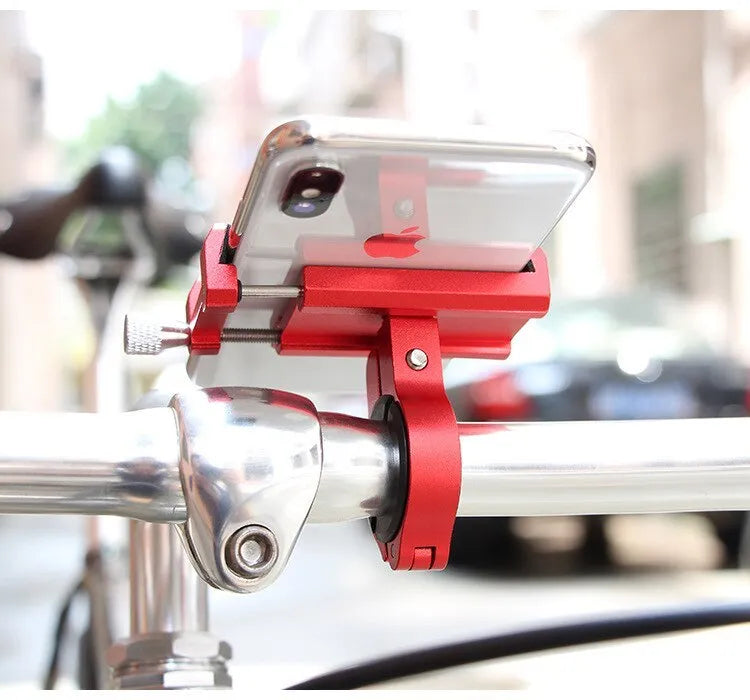 Aluminium bicycle phone holder with 360-degree rotation on handlebar