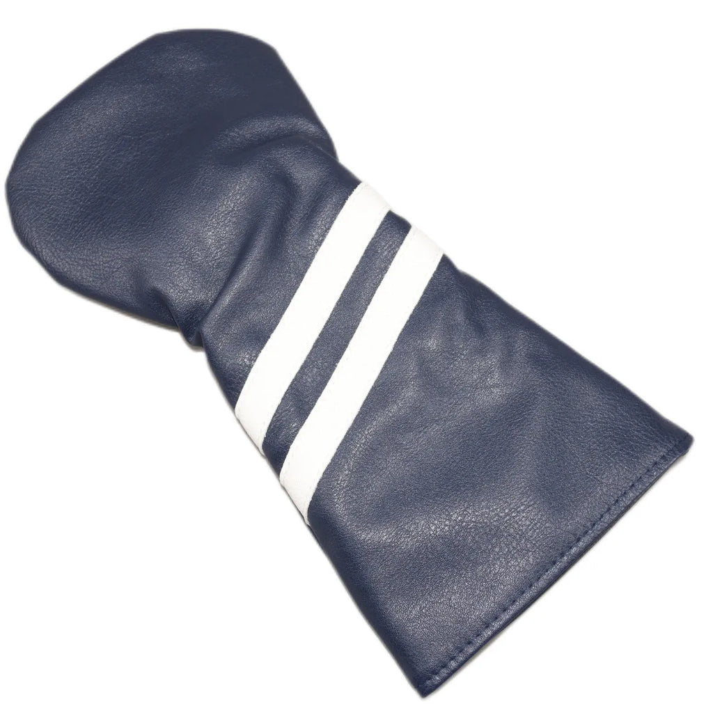 A blue golf club head cover with two white diagonal stripes, shown next to a golf wood.
