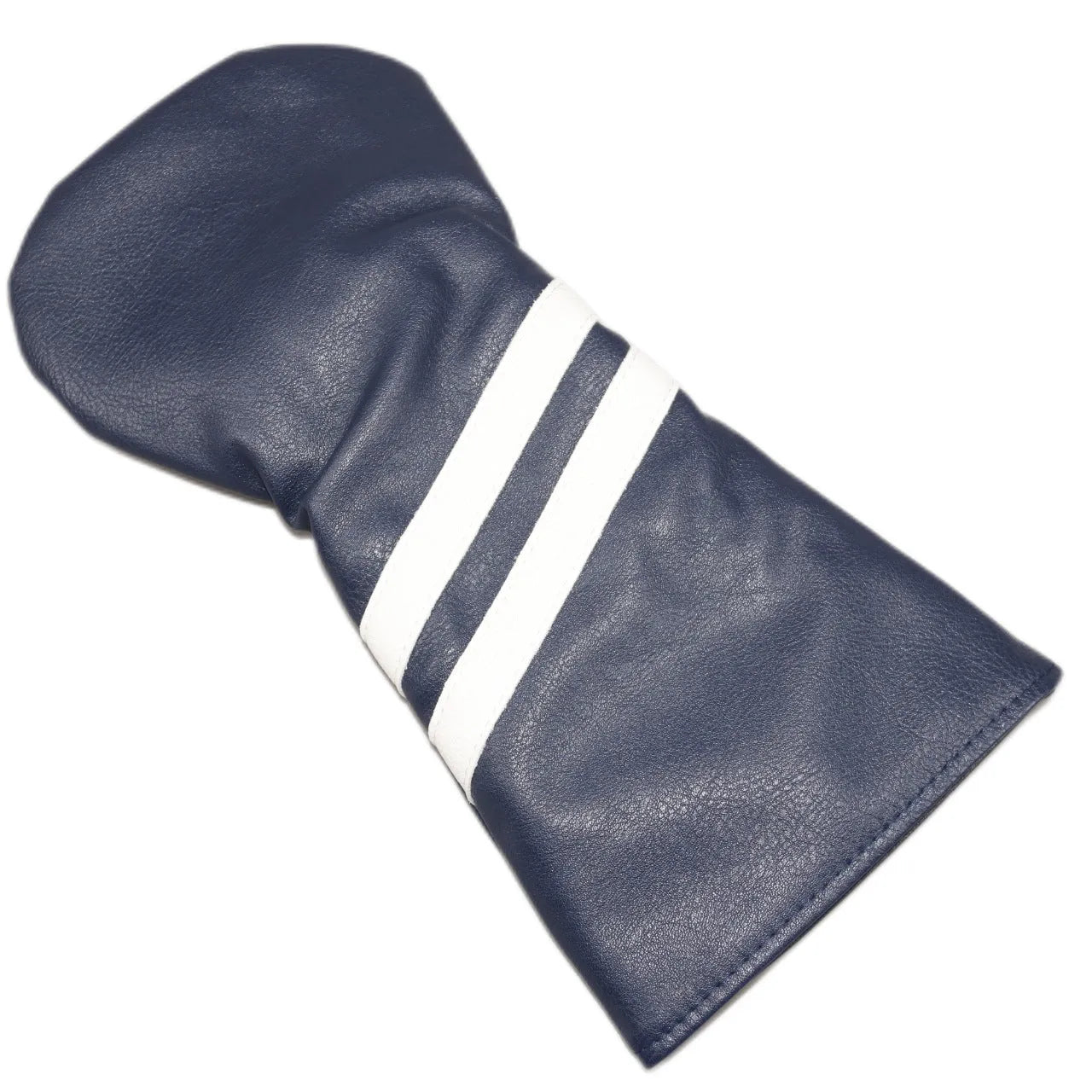 A blue golf club head cover with two white diagonal stripes, shown next to a golf wood.