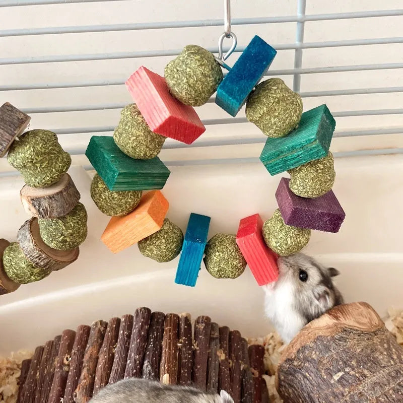 Hamster chew toy with straw ball ring and molar rod for small animal dental care