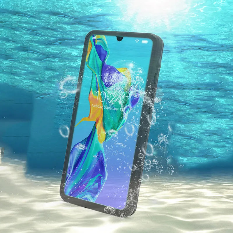 Huawei P30 series anti-drop phone case in black with wave point pattern, showing front and back views