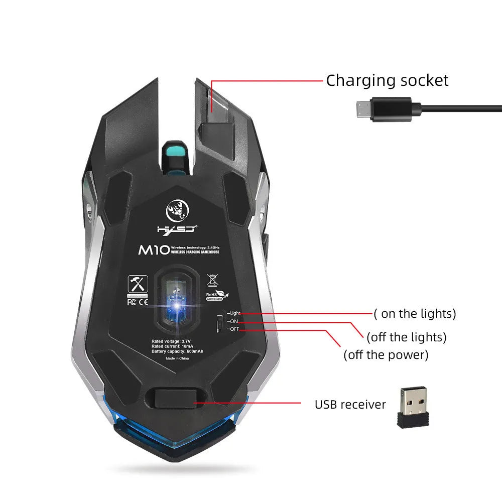 HXSJ wireless gaming mouse in black with glowing effect, side view showing ergonomic shape and buttons