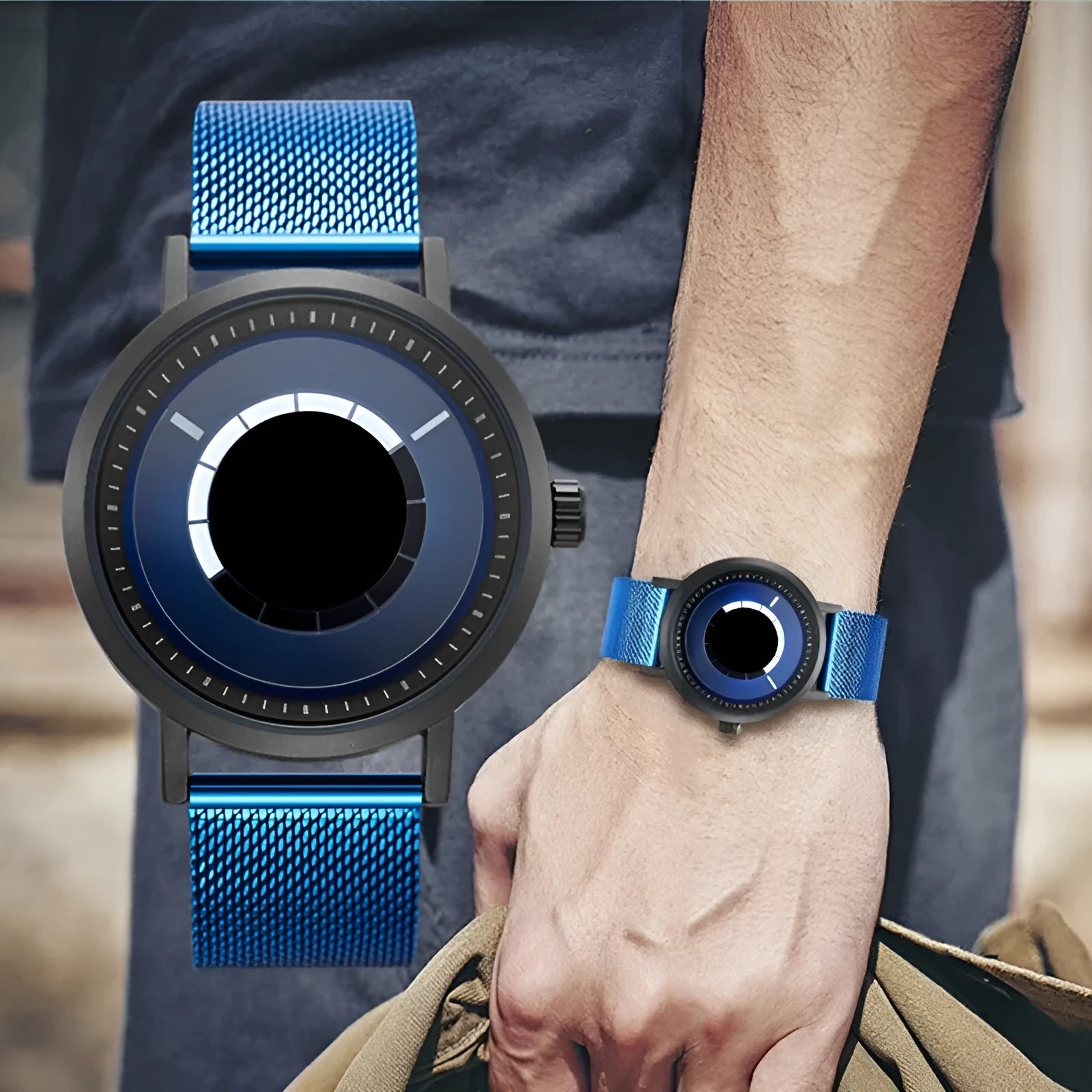 Pointerless liquid watch for men with round alloy case, stainless steel strap, and black dial