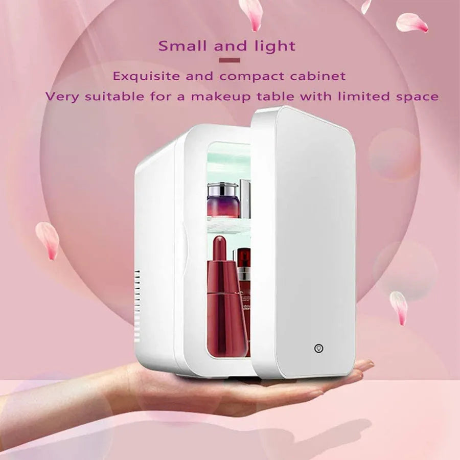 Mini makeup fridge in white with 22℃ to 65℃ cooler and warmer function, 12V and 220V power, removable shelf and 48W rating