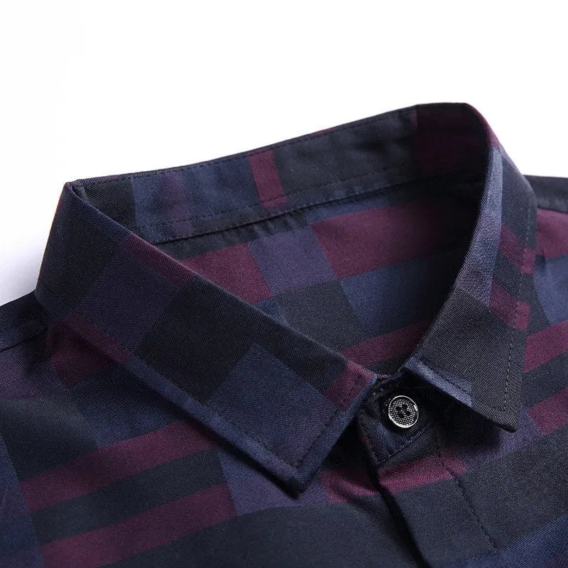 Men's cotton blend business casual shirt in blue, long sleeves, button-down front.