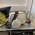 Vintage plaid crossbody bag in khaki, PU material, horizontal square shape with outer pocket and matching small bag