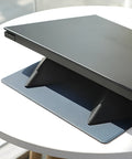 Blue foldable laptop cooling bracket shown open and closed, with an ergonomic viewing angle.