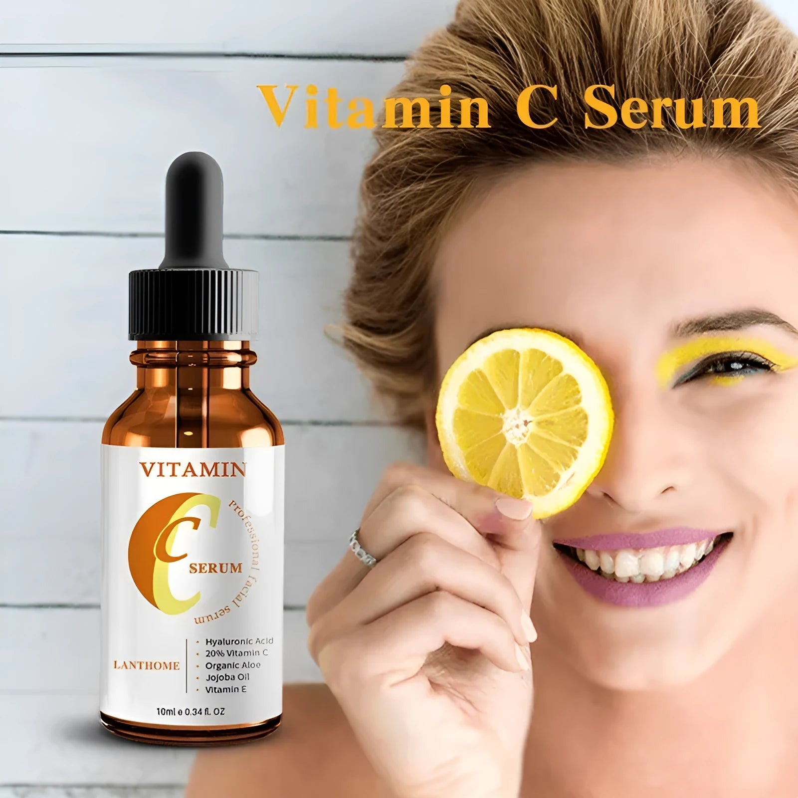 10ml bottle of Vitamin C and Hyaluronic Acid facial serum for anti-aging and brightening.