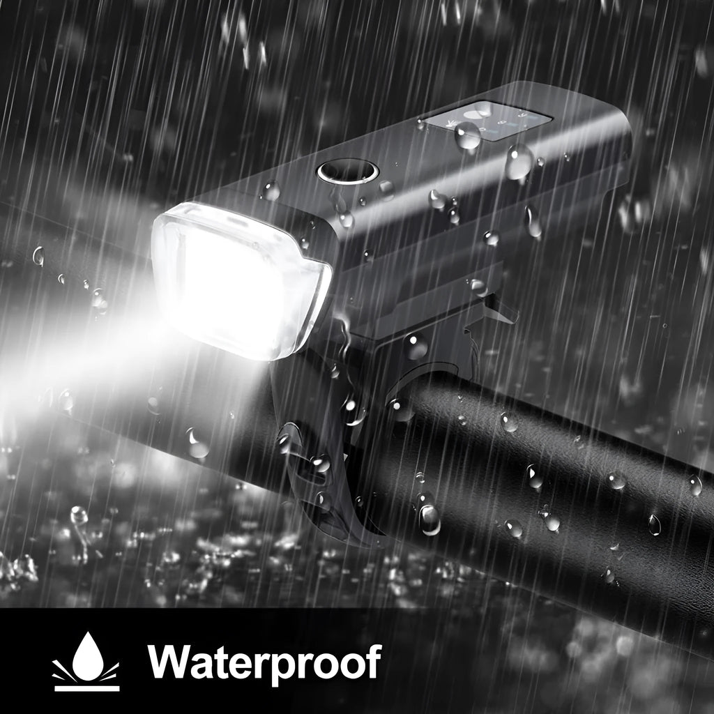 Black bicycle front light with 350 lumens and light sensor mode
