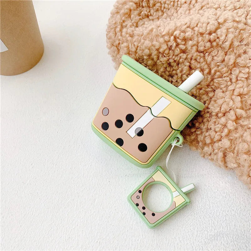 Green silicone protective cover on Apple AirPods second generation wireless charging case.
