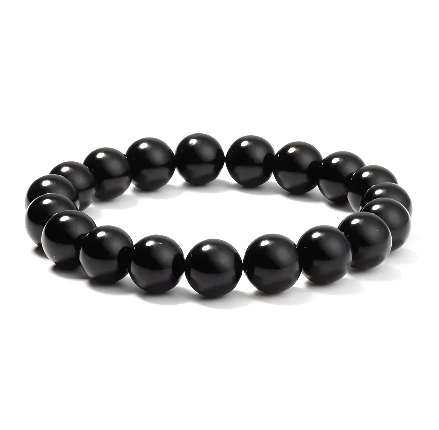 Women's geometric black agate bracelet with elastic cord, shown in 8mm bead size.