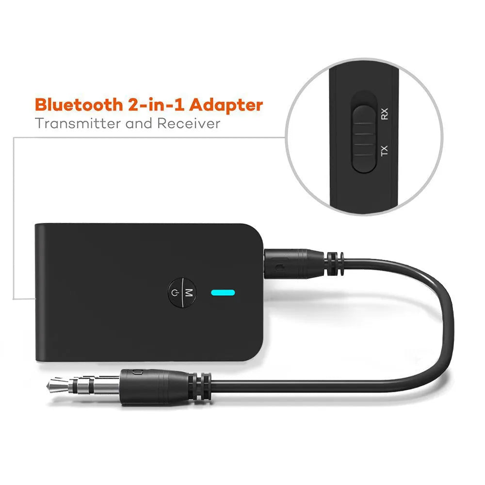 Black Bluetooth 5.0 audio adapter with 3.5mm plug and external power supply