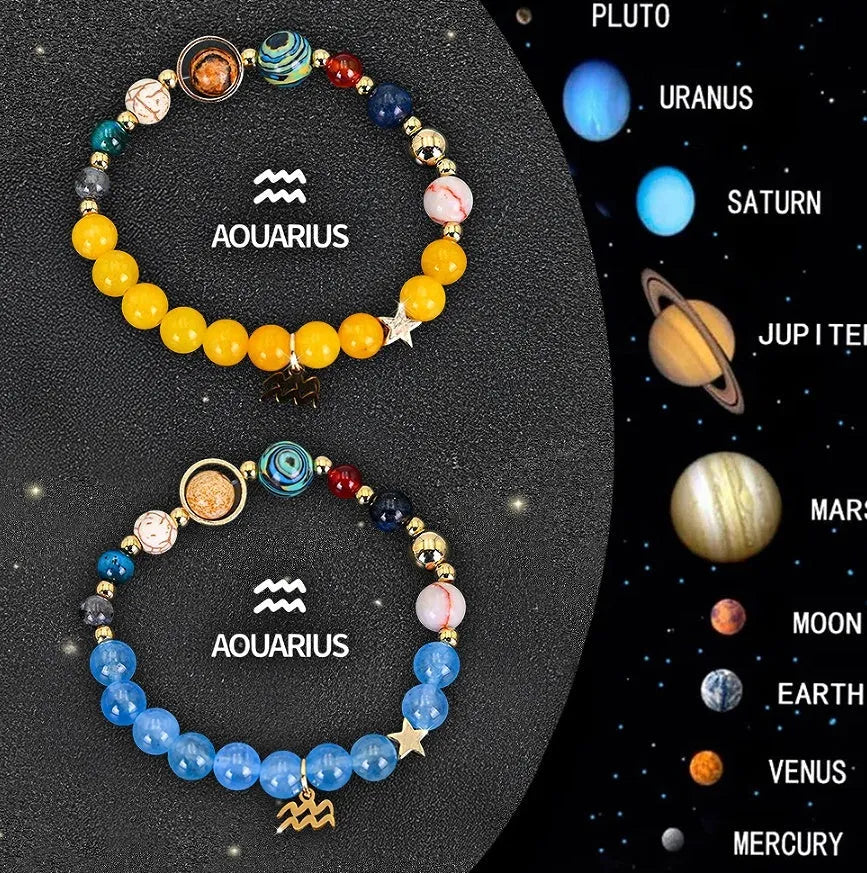Set of two beaded bracelets with natural stones on an elastic cord, showing different coloured designs for zodiac signs.