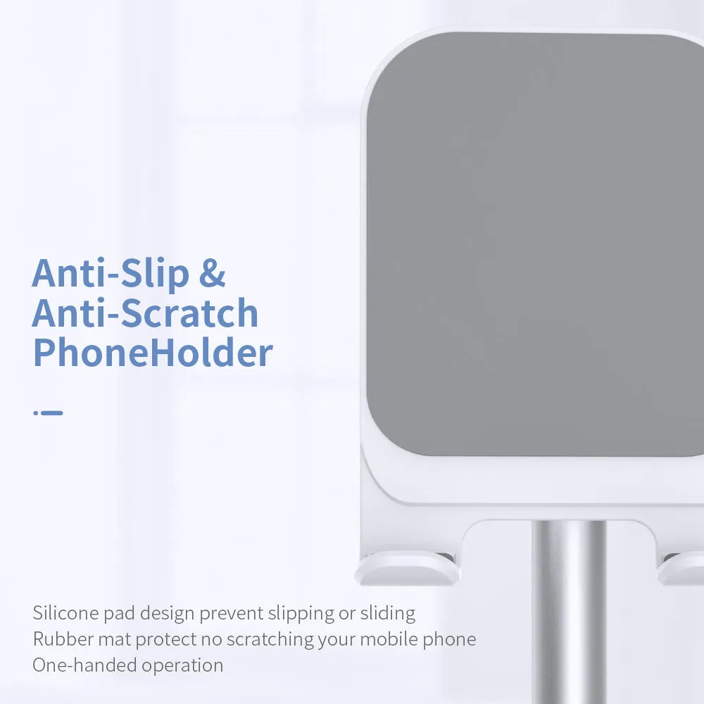 Aluminium alloy mobile phone stand with silicone head and ABS base in black or white colour.