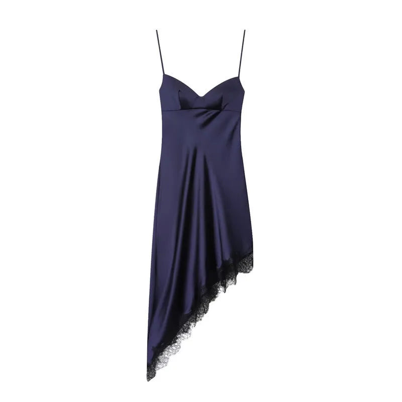 Women's navy blue casual dress with asymmetric skirt, mid waist, and stripe or plaid pattern options, sizes XS to L